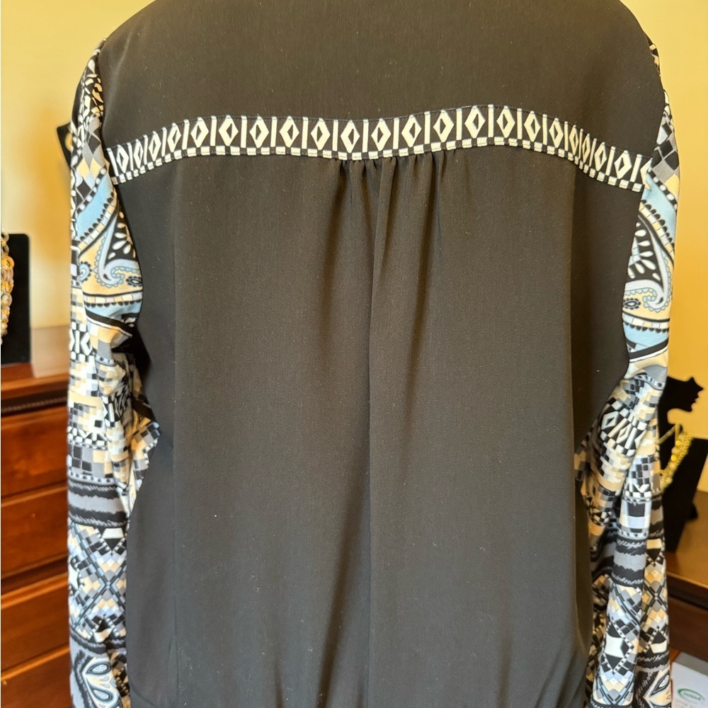 Hale Bob Black White Blue Tan Design Long Sleeve Pullover Dress Sz L Knee Length - Picture 6 of 16